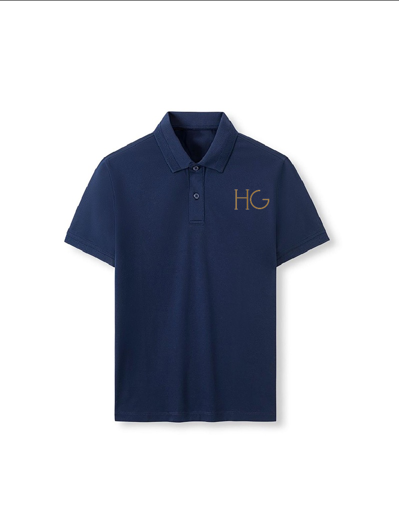 Navy blue polo shirt with 'HG' logo on a white background